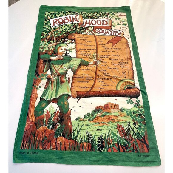 Vintage 60s Robin Hood Country linen tea towel, designed by Clive Mayor - Picture 1 of 10